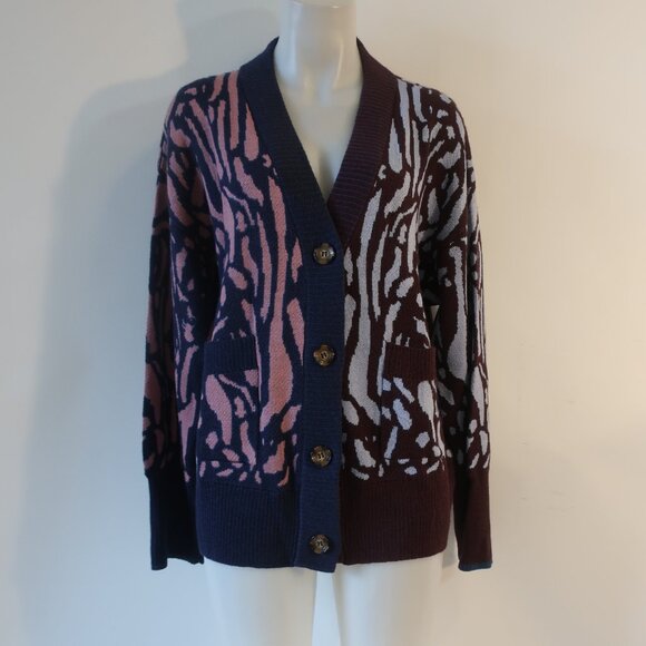 Women Alivia Blue Pink Leopard Alpaca Wool Knit V-Neck Cardigan Sweater L - Picture 2 of 10